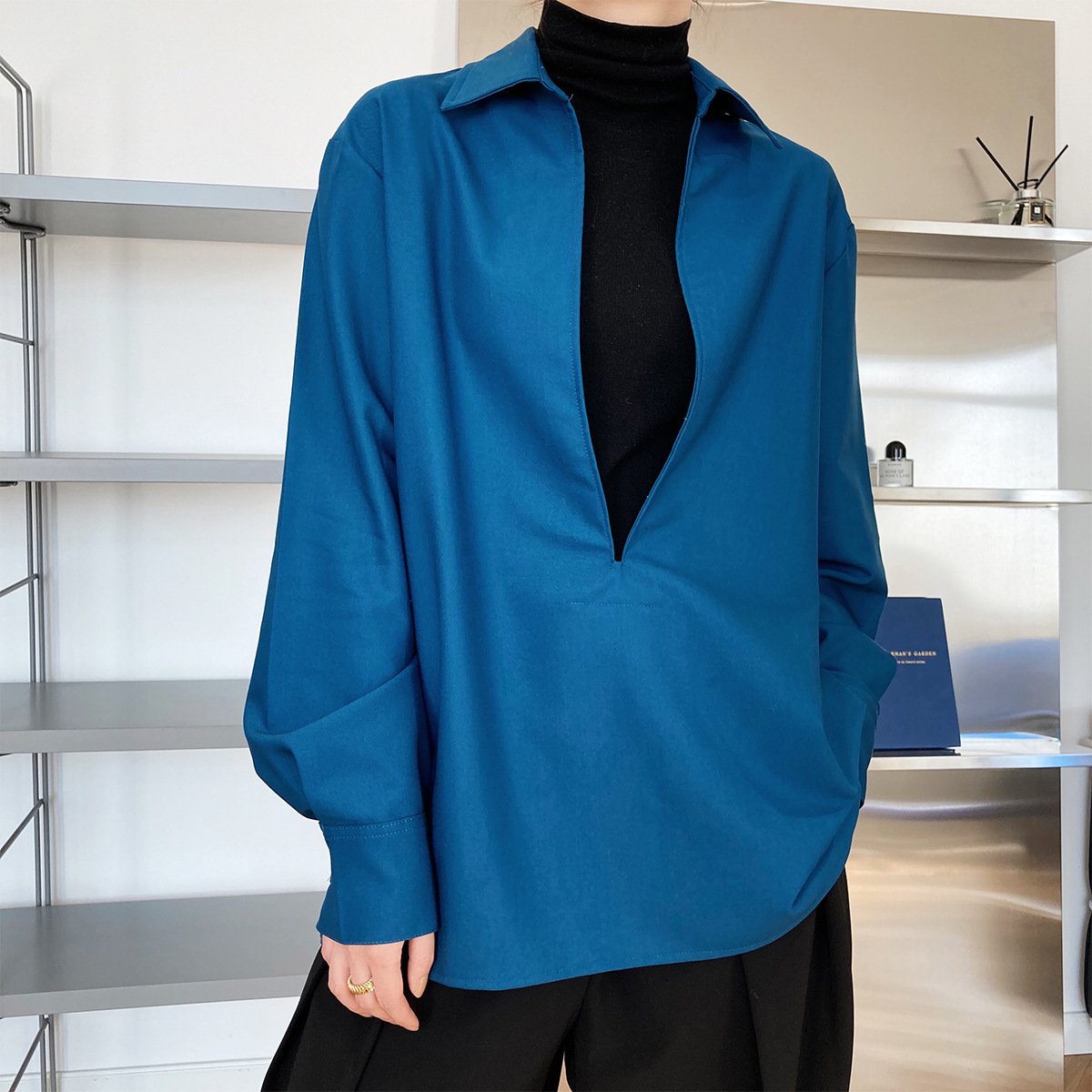 Design Sense Light Mature Long Sleeve V-Neck Shirt Women'S Fashion Overlay Top