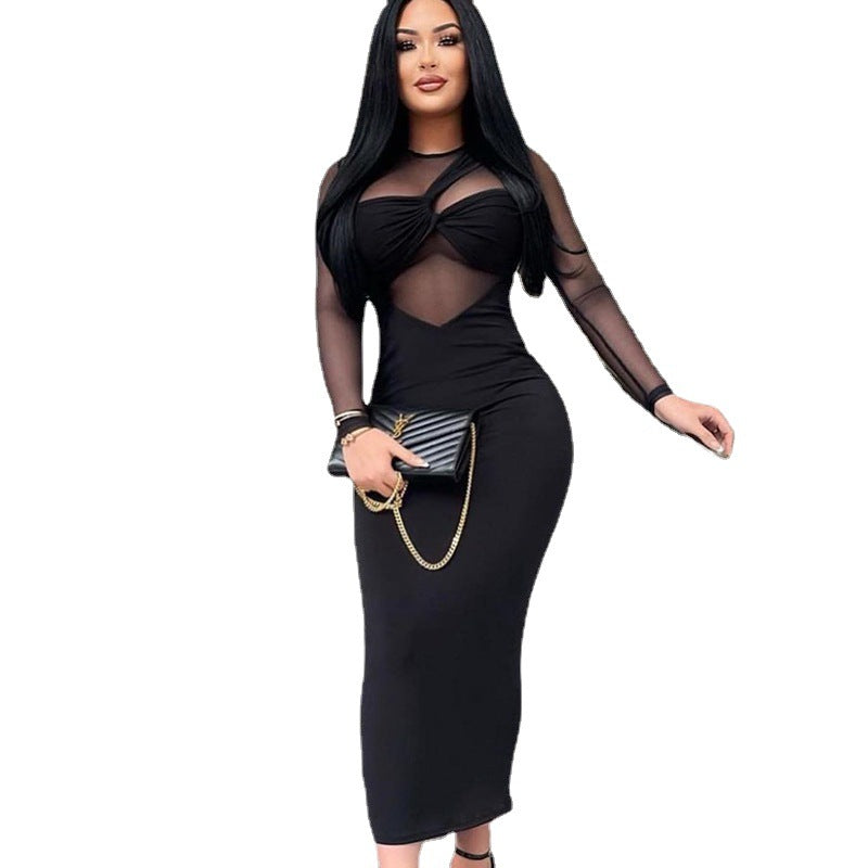 Elegant Long Sleeve Sheer Mesh Bodycon Dress