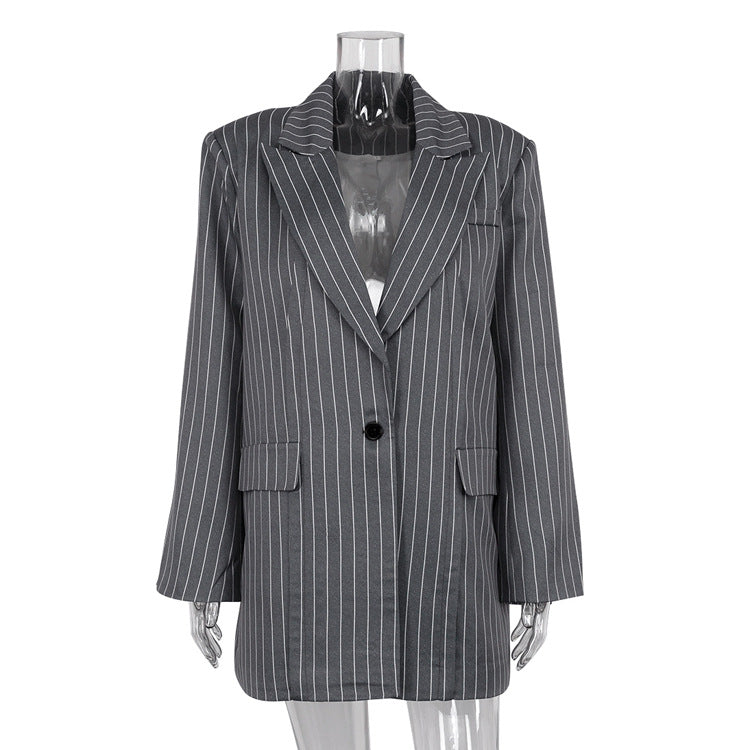 Striped Blazer And Skirt Set Chic Casual Polyester Outfit