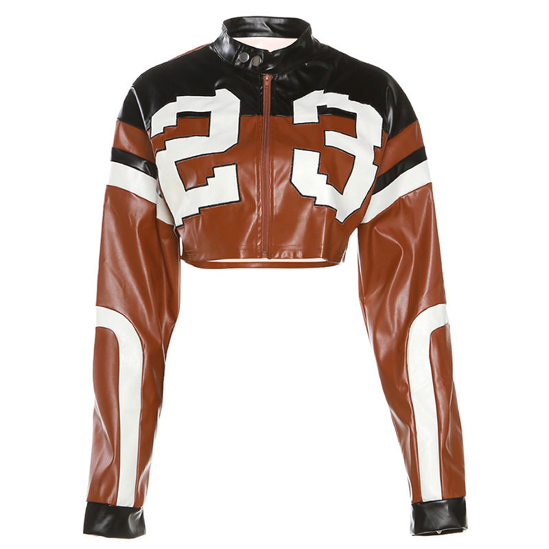Trendy Color Block Embroidered Biker Jacket