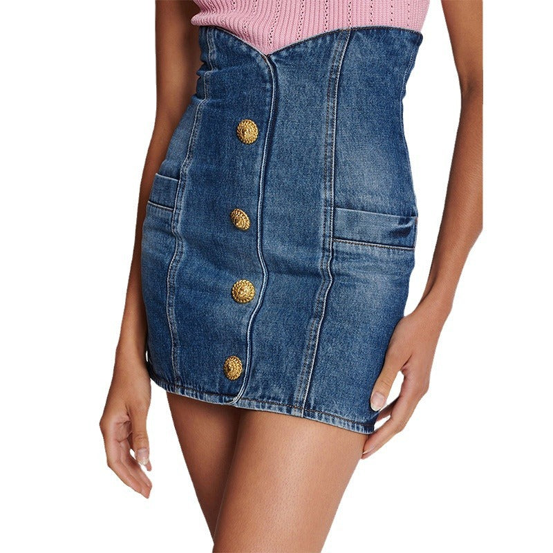 Denim High-Waisted Mini Skirt with Stitching Details