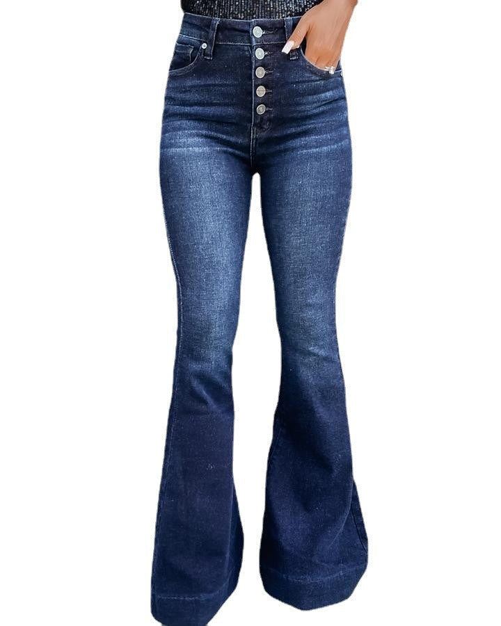 High-Waisted Flared Jeans Trendy Casual Denim Pants