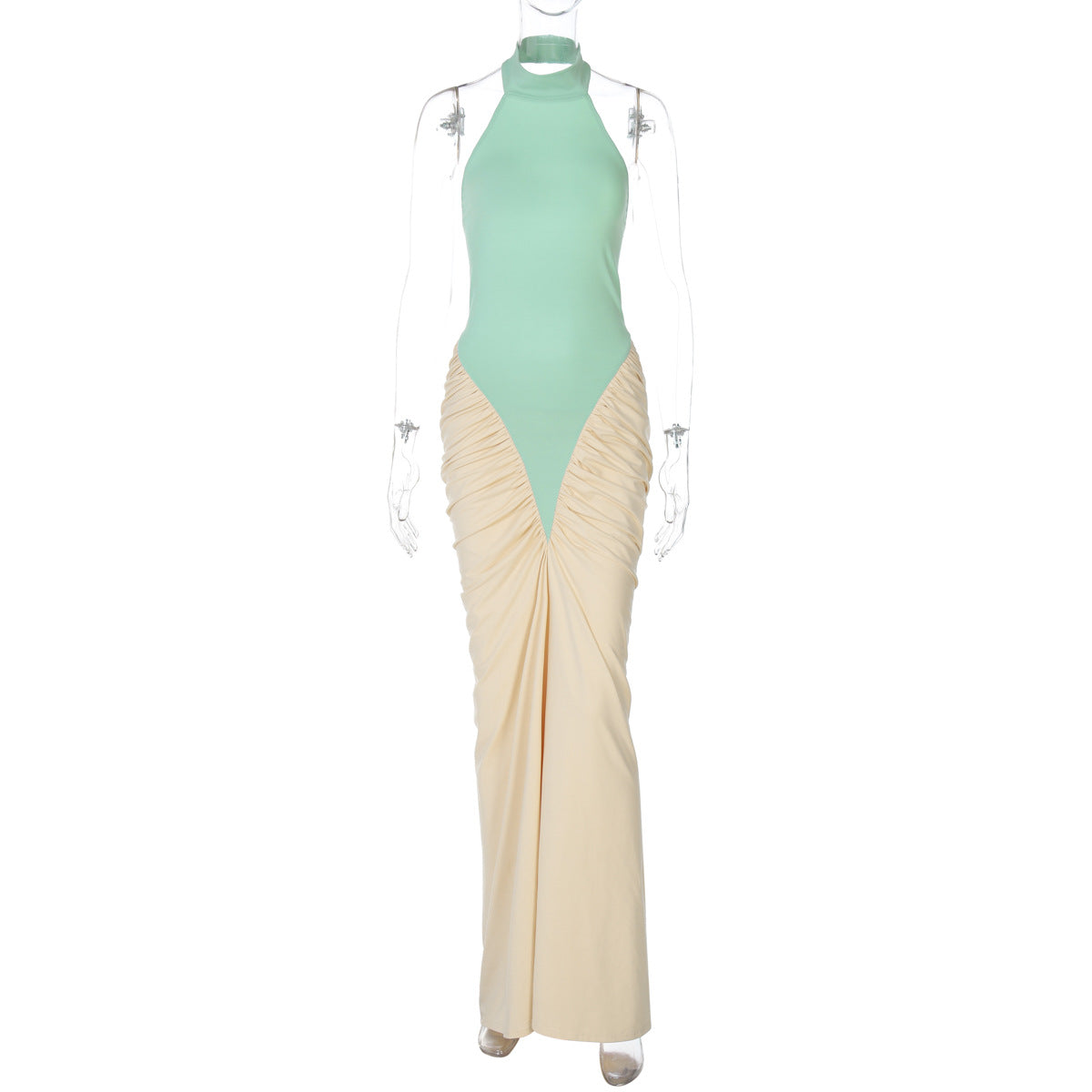 Sexy Backless Halter Color Block Bodycon Dress