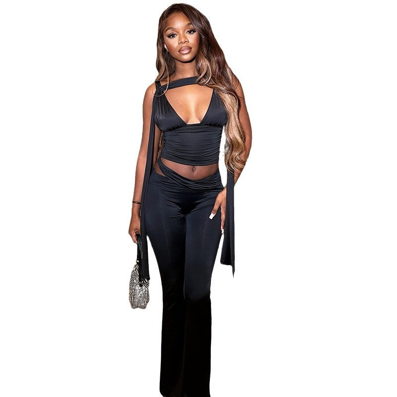 Cropped Solid Color Sleeveless V-Neck Top & Pants Set