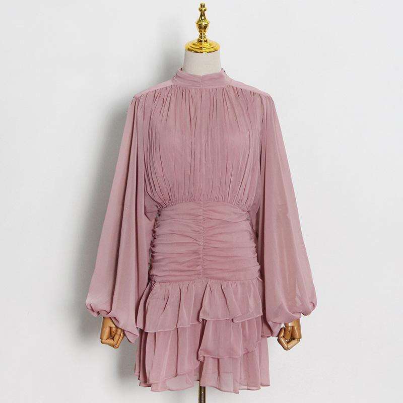 Small Floral Printed Short Skirt Pleated Slim Small Stand Collar High Waist Stitching Dress