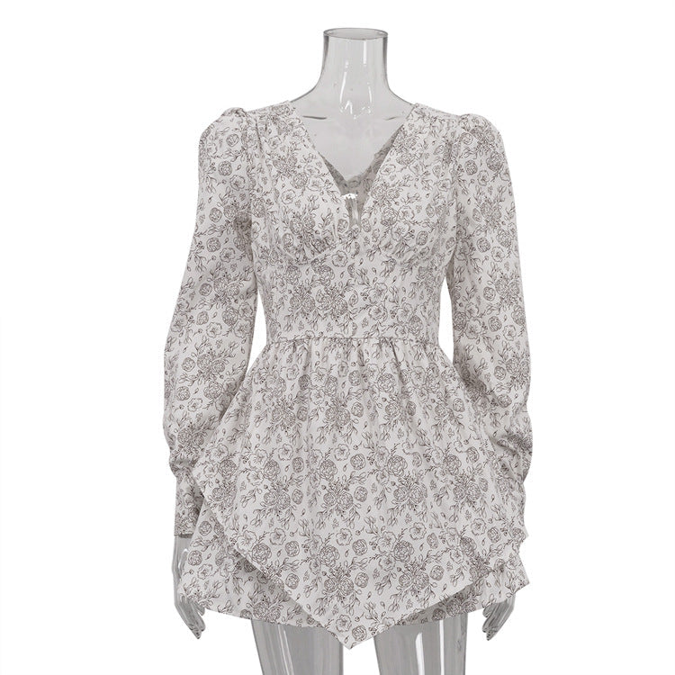 French Vintage Elegant Printed V-Neck Long Sleeve Dress