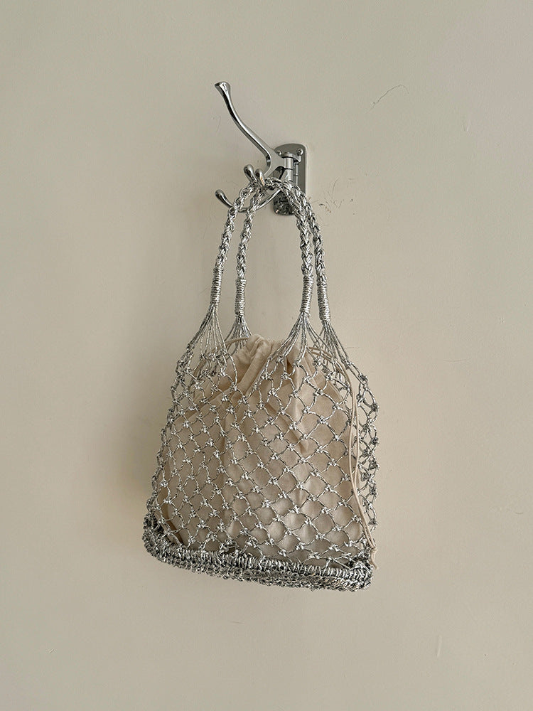 Handwoven Solid Color Tote Bag With Gold & Silver Lurex