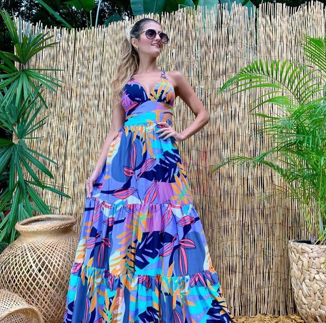 Womenswear Fashion Print Sexy Dress Slip Deep V Sleeveless Backless Maxi Dress