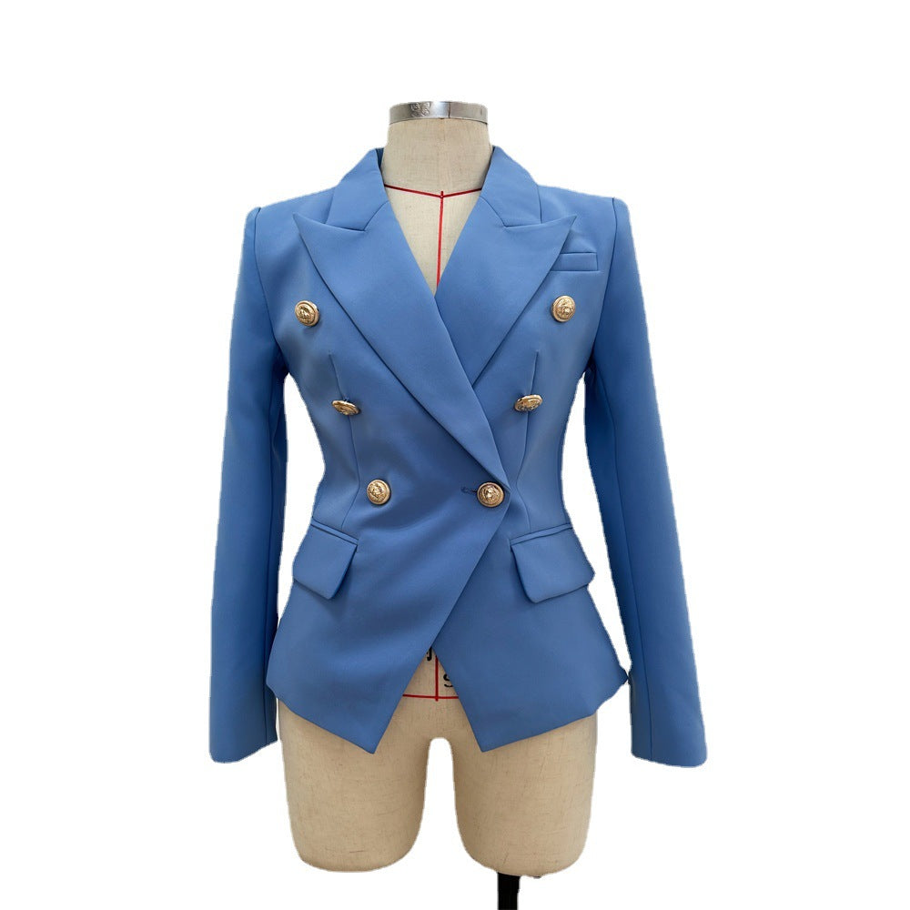 Trendy Double-Breasted Lion Button Blazer in Lake Blue