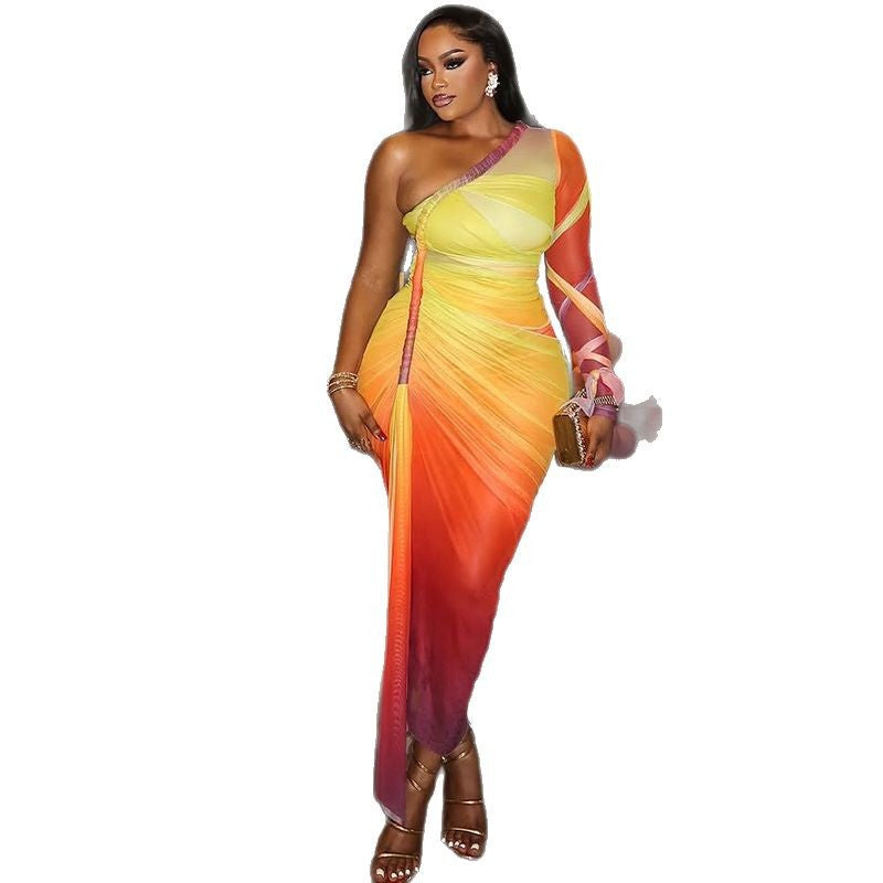 Trendy Color Block Asymmetrical Dress With Ruching