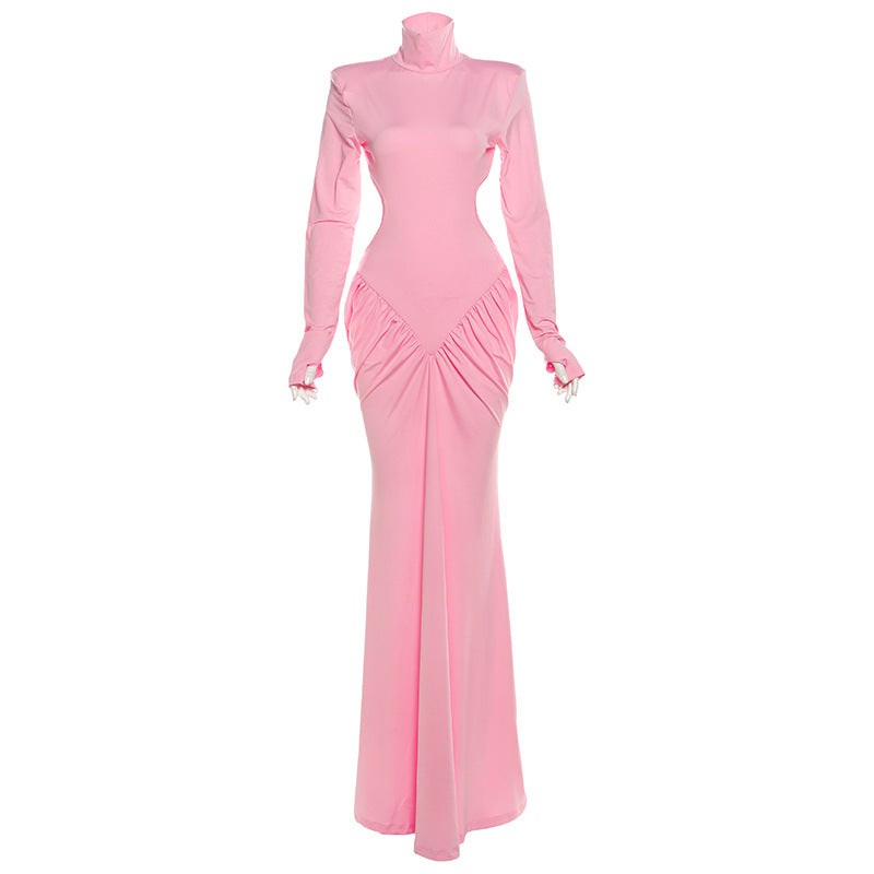 Elegant High Neck Bodycon Long Dress With Backless Design