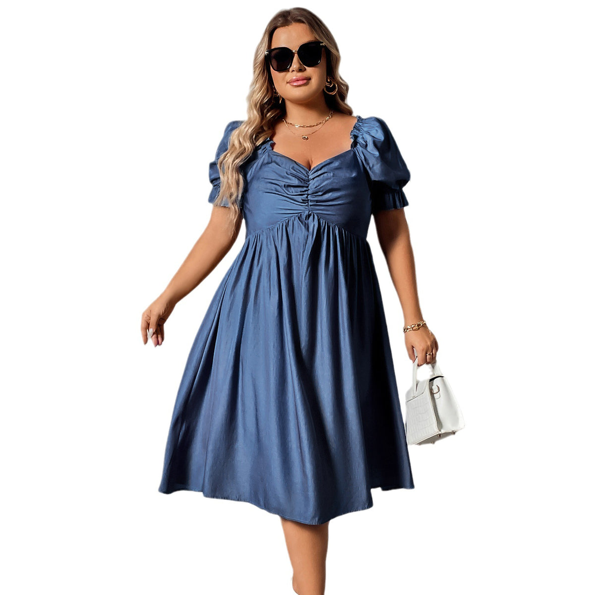 Elegant Blue Maxi Dress with V-Neck for Plus Size Women