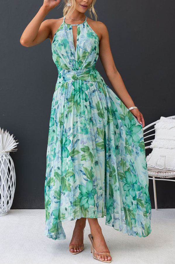 Summer Women'S Neck Hanging Sleeveless V-Neck Printed Large Swing Long Dress Dress