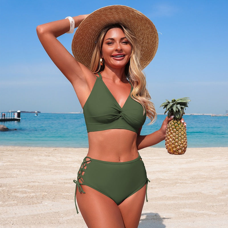 Women’S Two-Piece Bikini Set Solid Color Nylon Swimwear