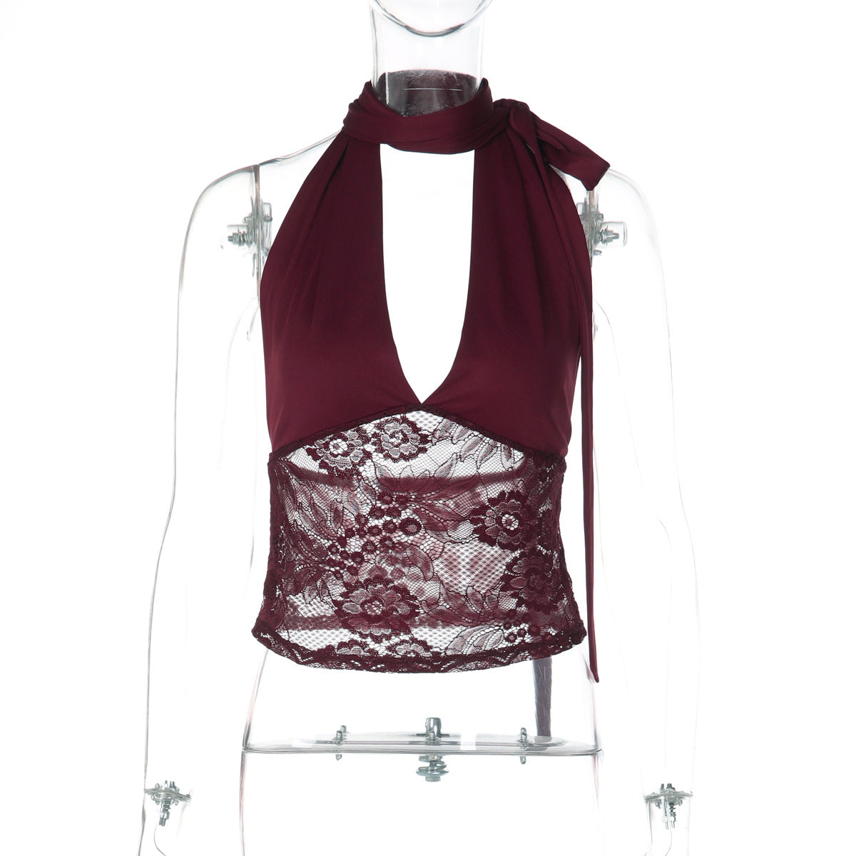 Sheer Lace Bustier Top Deep V Neck with Tie Detail