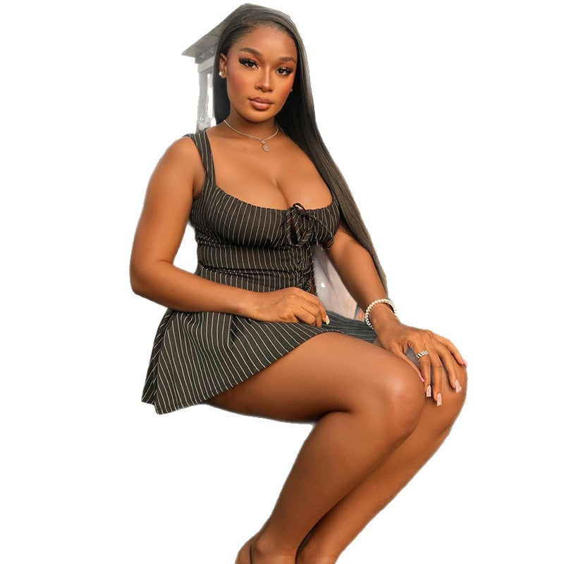 Trendy Striped Print Crop Top And Skirt Set
