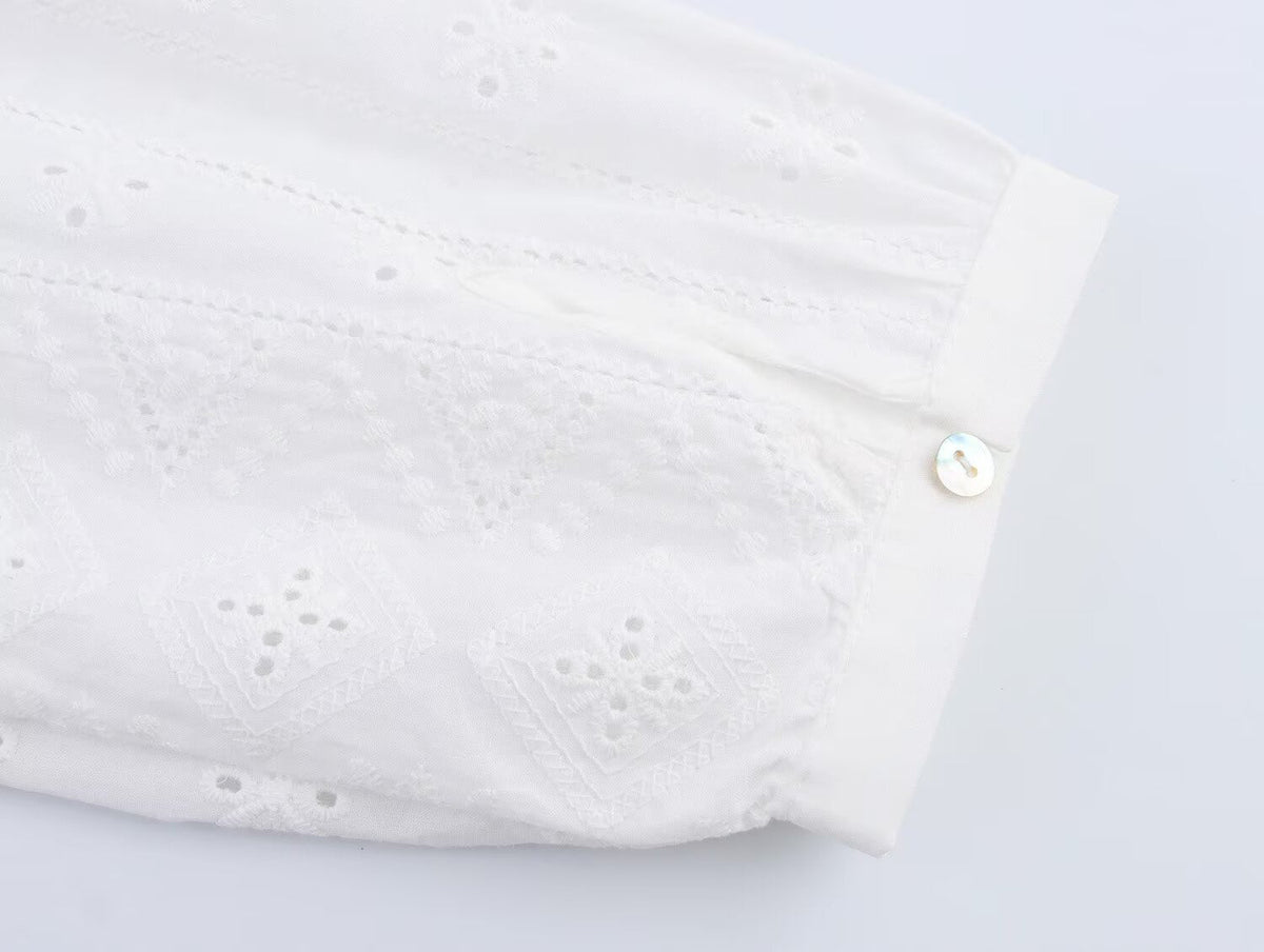 Trendy Embroidered Hollow Out Solid Color Top