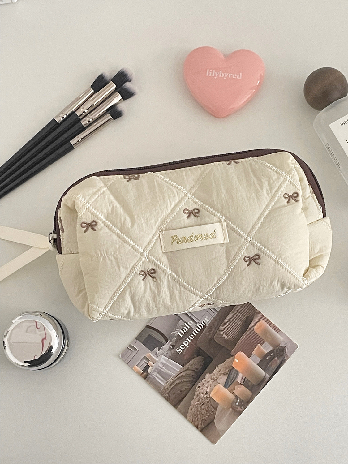 Coffee Bowknot Makeup Bag Portable Embroidered Travel Organizer