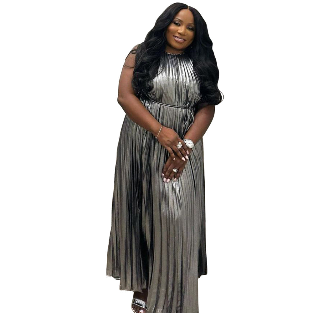 Elegant Silver Sleeveless Pleated Maxi Dress