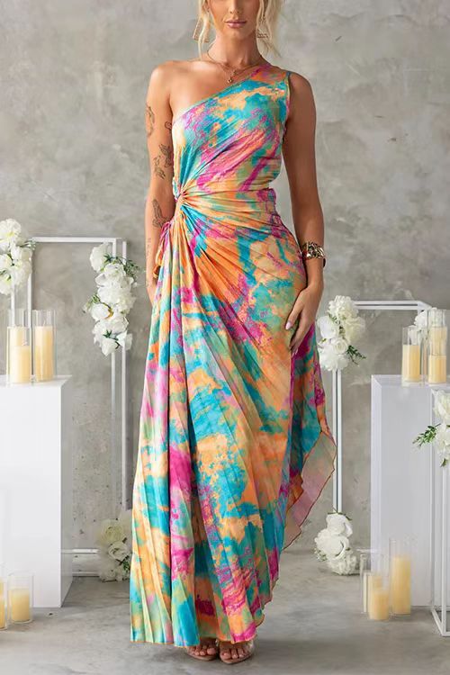 Asymmetrical Shoulder Floral Print Pleated Maxi Dress