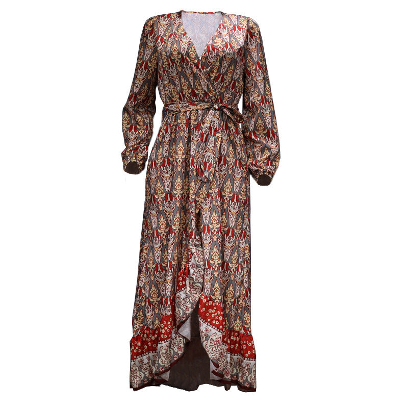 Spot Women Dress Autumn New Long-Sleeved Swing Bohemian Print Dress