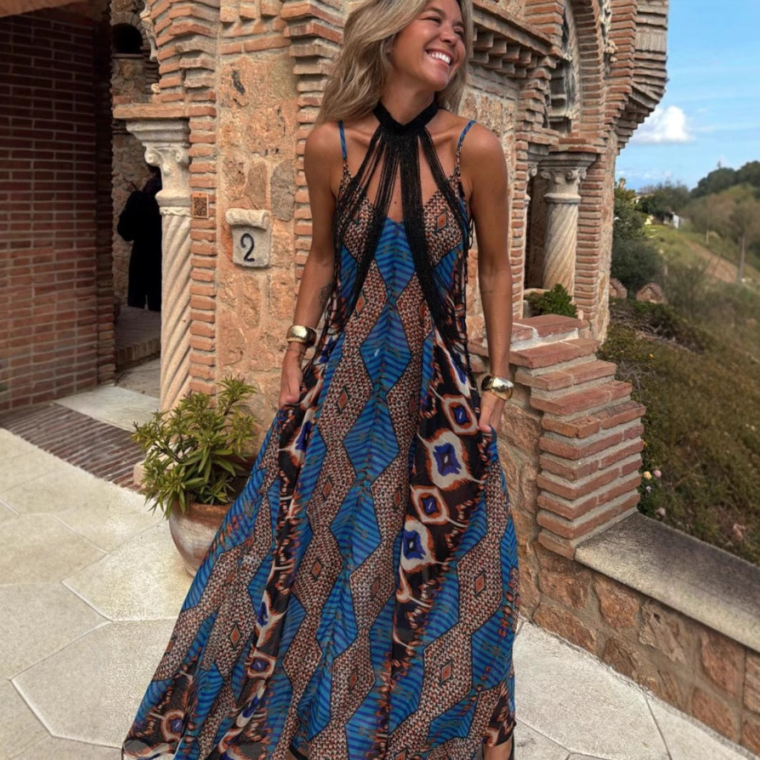 Summer New Positioning Printing Suspender Pendulum Dress