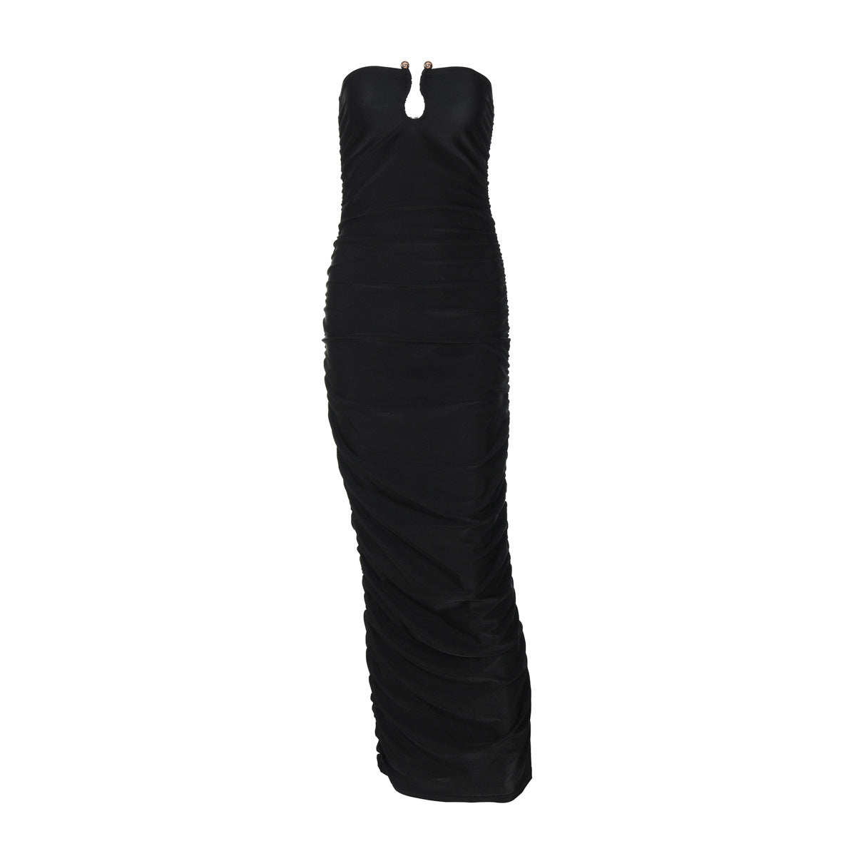 Slim Fit V-Neck Ruched Midi Dress in Black
