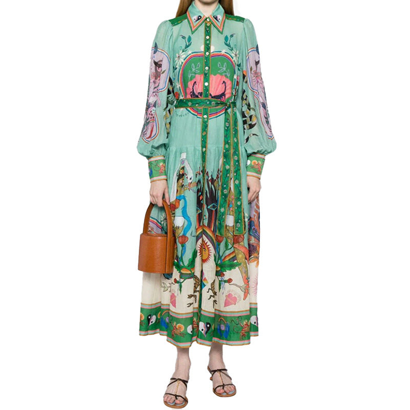 Elegant Floral Print Lantern Sleeve Maxi Dress