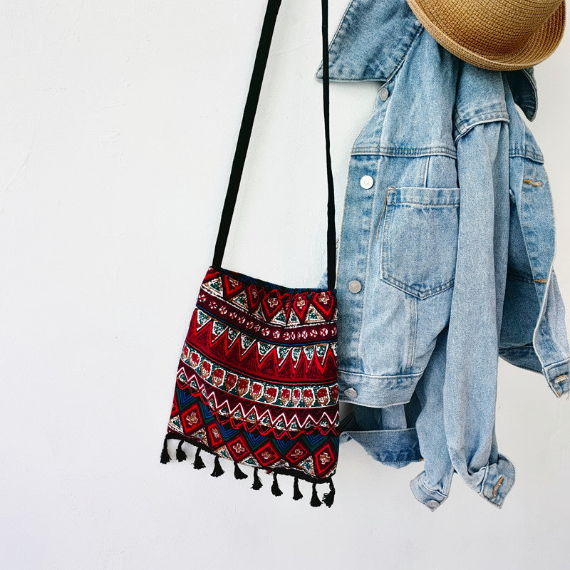 Original Ethnic Style Single Shoulder Bag With Tassel Retro Art Cross Shoulder Bag With Bohemian Style Fabric Bag