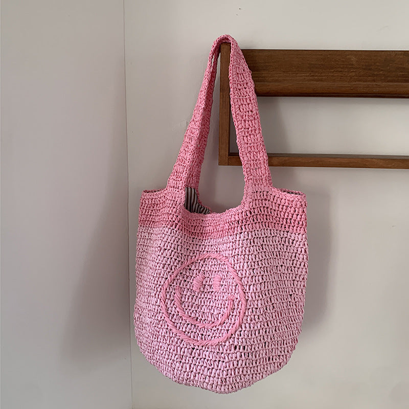 Smiley Face Knitted Mini Tote Bag Handmade Bohemian Style