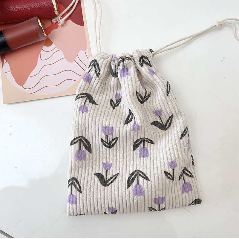 Mini Drawstring Corduroy Canvas Bag Portable Floral Storage Pouch