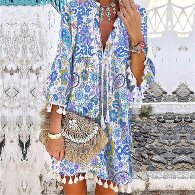 Printed V-Neck Pullover Fringed Ruffled Sleeve Dress
