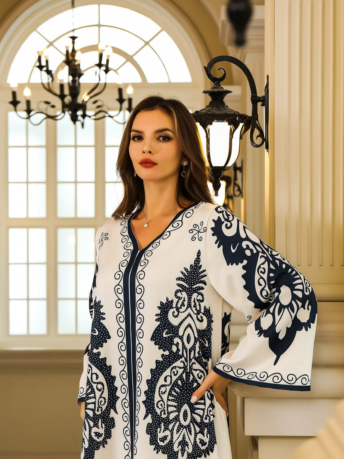 Women's Long Abaya with Rhinestone Detail