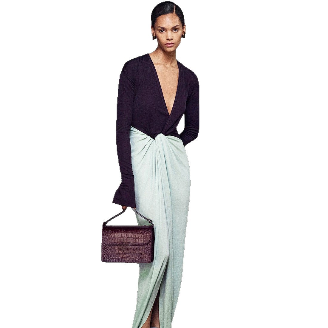 Elegant Deep V-Neck Long Sleeve Maxi Dress