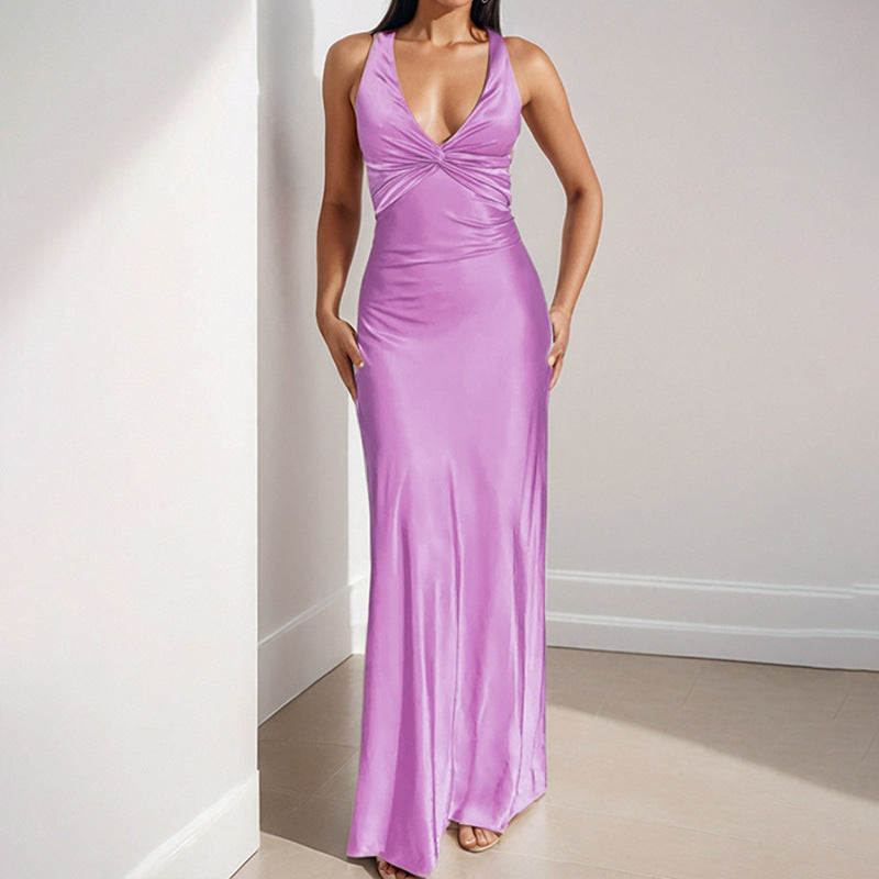 Elegant V-Neck Ruched Bodycon Maxi Dress