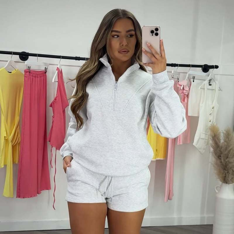 Casual Zipper Hoodie & Shorts Set for Women