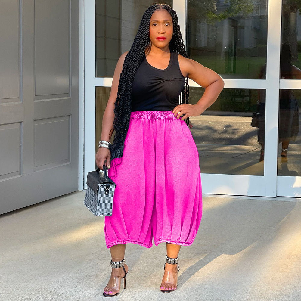 Casual Wide-Leg Denim Cropped Pants With Elastic Waist