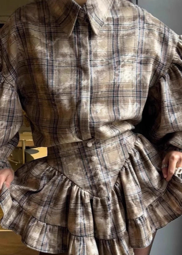 Plaid Soft Fabric Skirt And Balloon Sleeve Shirt Set
