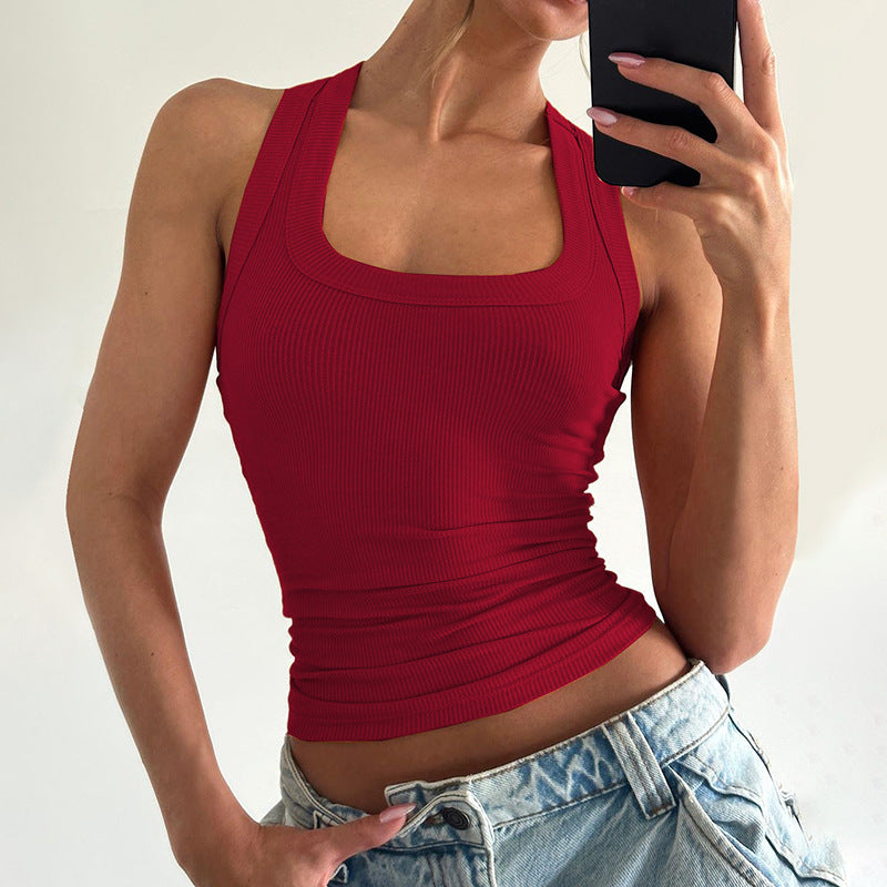 Solid Color Fitted Crop Top with U-Neck