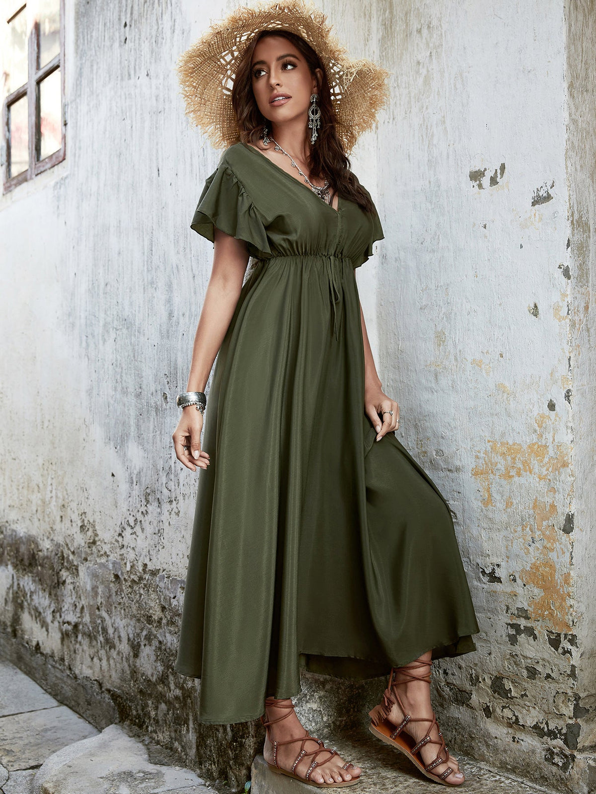 V-Neck High Waisted Slim Open Back Dress