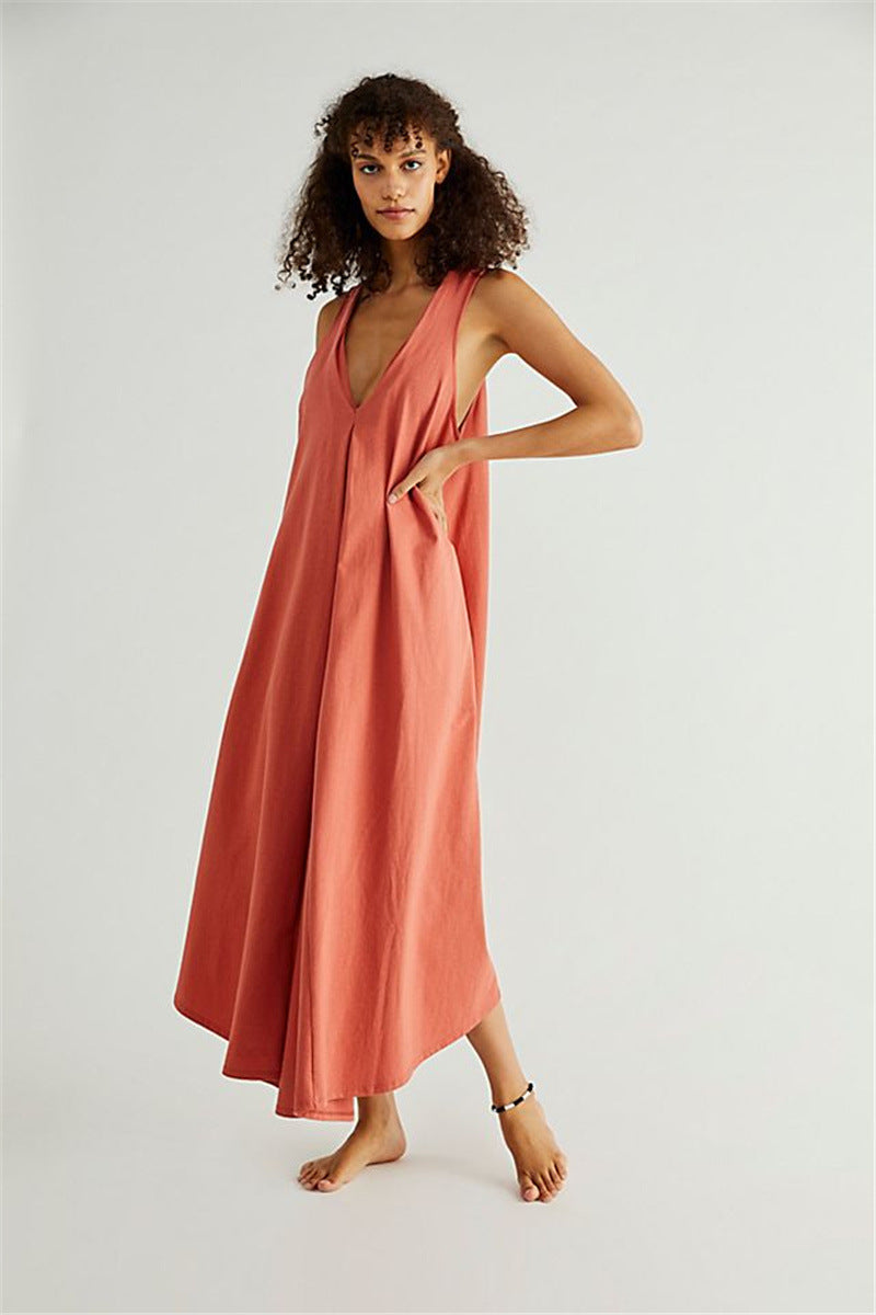 Spring/Summer Cotton And Hemp Large Ethnic Style Sleeveless Double Pocket Dress