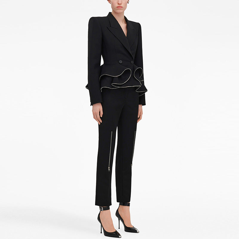 Ruffle Trim Blazer And Pants Set For Street Style
