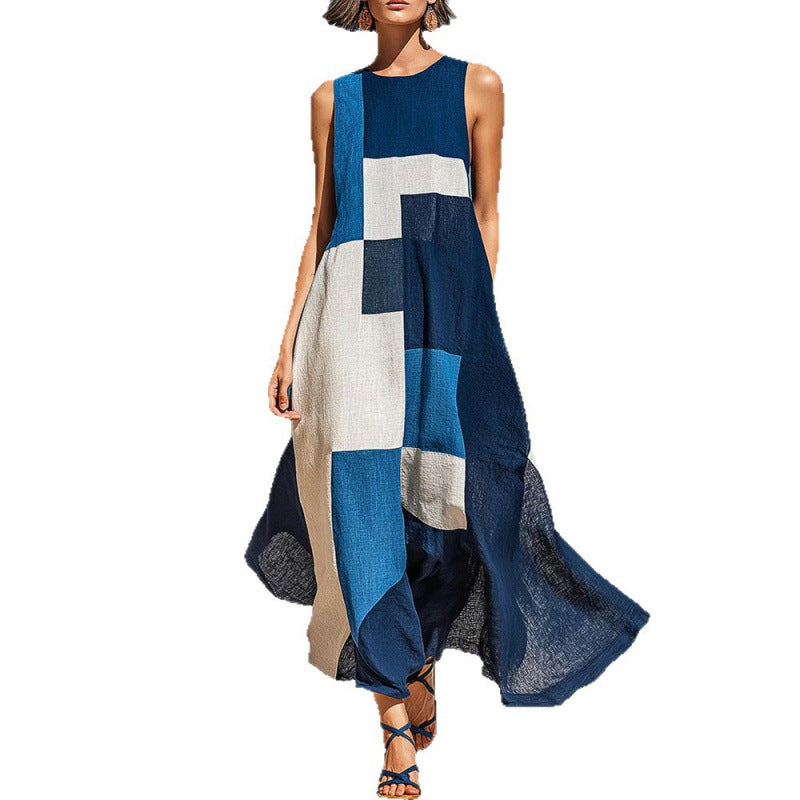 Geometric Color Block Sleeveless Vacation Maxi Dress