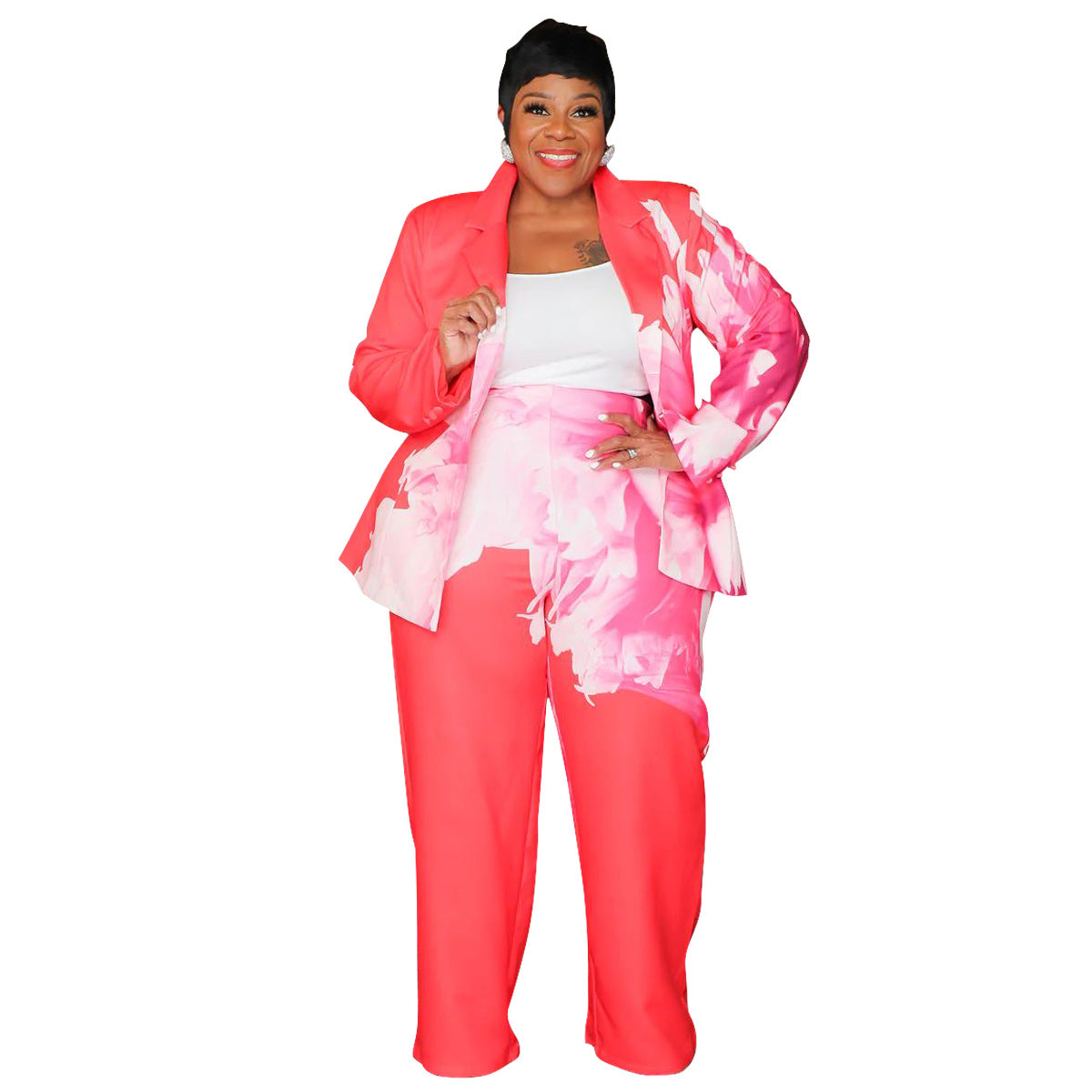 Plus Size Printed Suit Set Casual Blazer And Pants