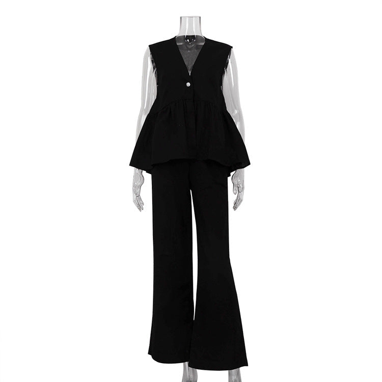 Cotton V-Neck Sleeveless Top and Long Pants Set for Women