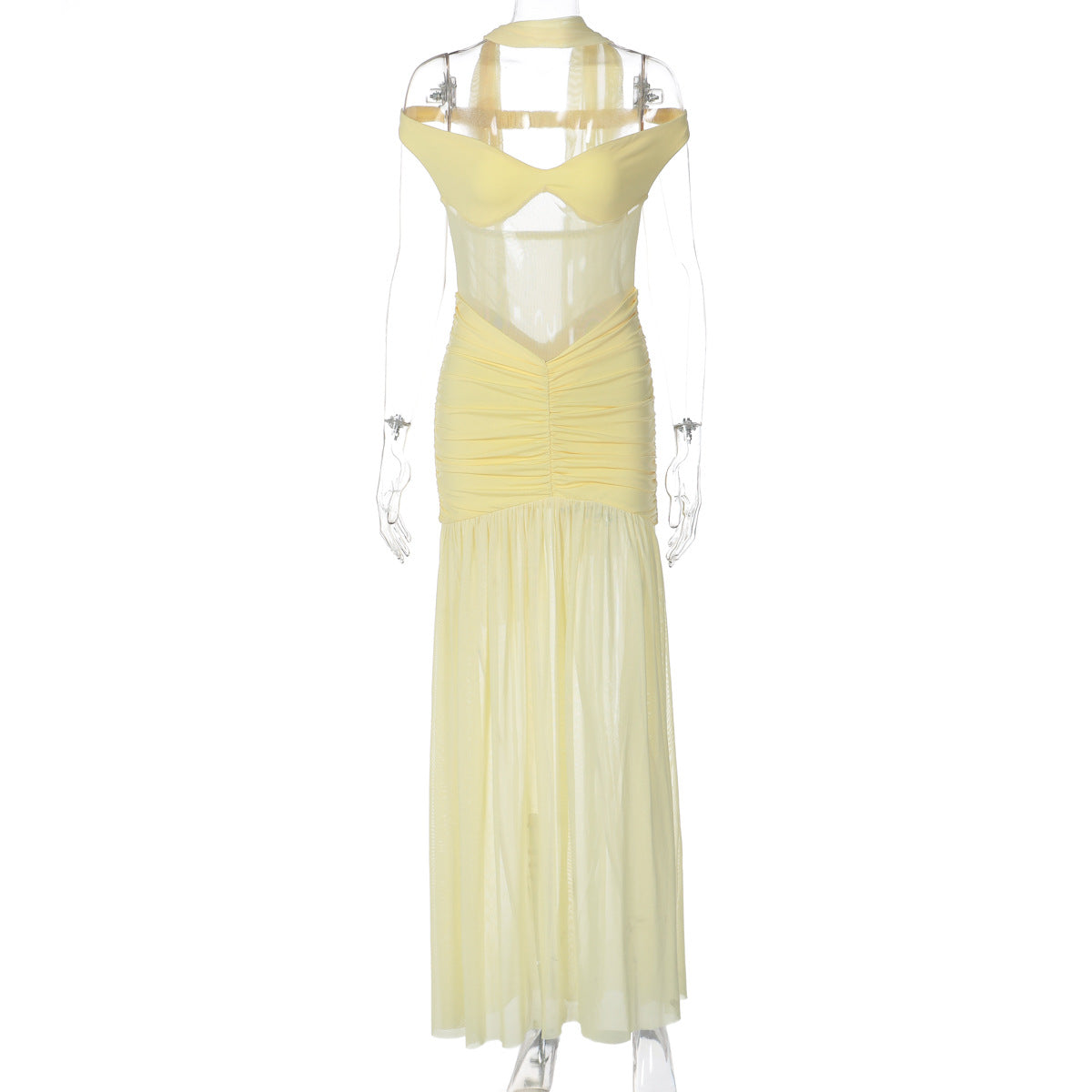 Elegant Sheer Mesh Bodycon Maxi Dress with Off-Shoulder Design