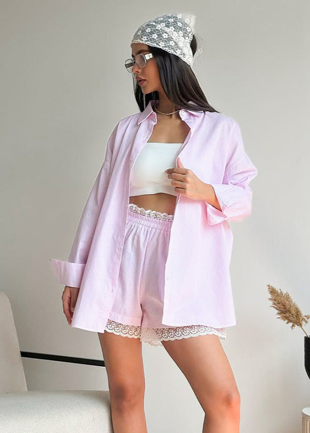 Oversized Pinstripe Shirt Cotton Lace Trim Shorts Set