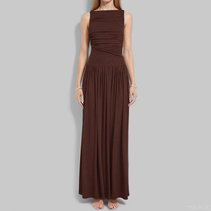 Elegant Solid Color Pleated Maxi Dress