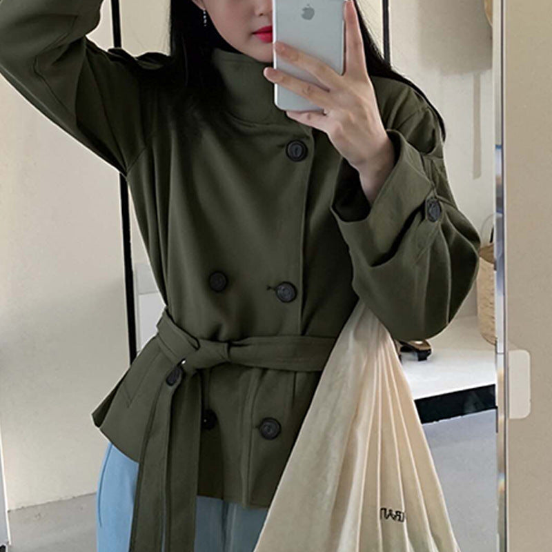 Trendy Solid Color Double-Breasted Waist Tie Short Coat