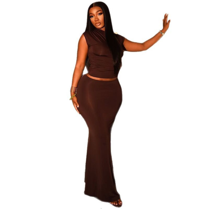 Stylish Solid Color Pleated Dress Set For Women
